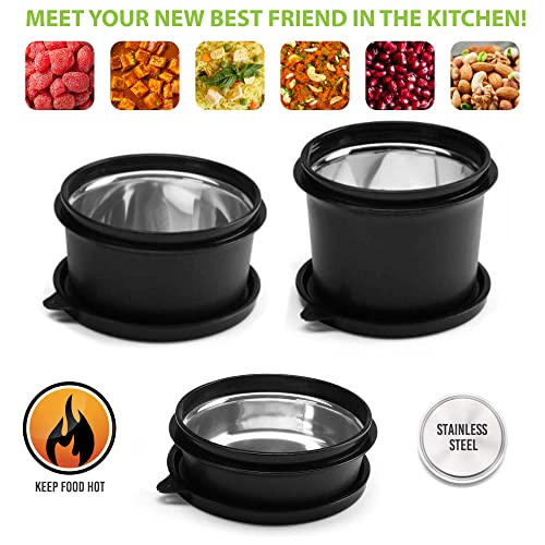 SOPL-OLIVEWARE Benny Microwave Steel Containers with BPA Free Airtight Lid, Leak Proof, 3 Inside Steel Container (290 ml, 450 ml & 600 ml), Home & Office Use - Black - Image 3