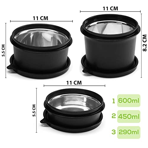 SOPL-OLIVEWARE Benny Microwave Steel Containers with BPA Free Airtight Lid, Leak Proof, 3 Inside Steel Container (290 ml, 450 ml & 600 ml), Home & Office Use - Black - Image 2