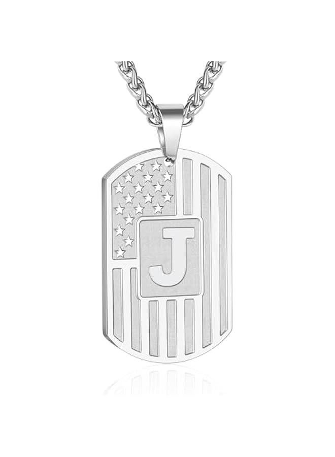Graduation Gifts Initial A-Z Letter Necklace for Men Boys Kids Teen, Stainless Steel American Flag Dog Tag Pendent Chain Jewelry Birthday  Gifts for boyfriend husband 24Inches  - Image 1