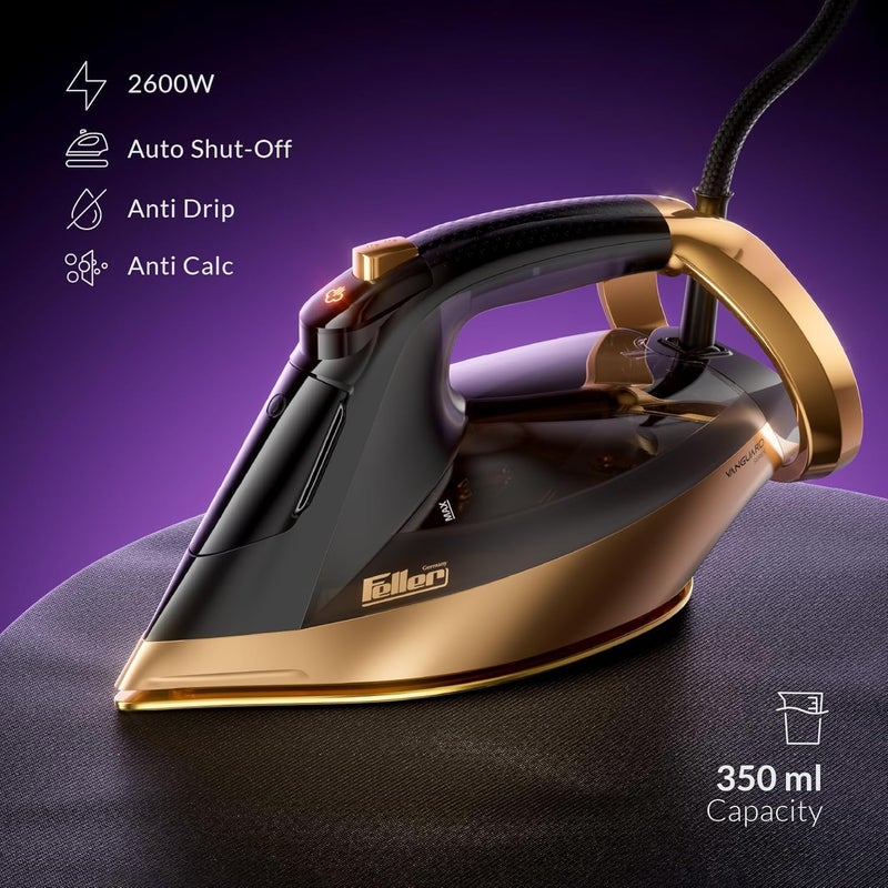 Feller Germany Vanguard Series Steam Iron, 2600W, Prime Gold Ceramic Double Sole Plate with Anti Calc, Auto Shut off, TrueTemp, Easy One Button Steam, SI260, 2Y Guarantee-KSA Version (Gold) - Image 2