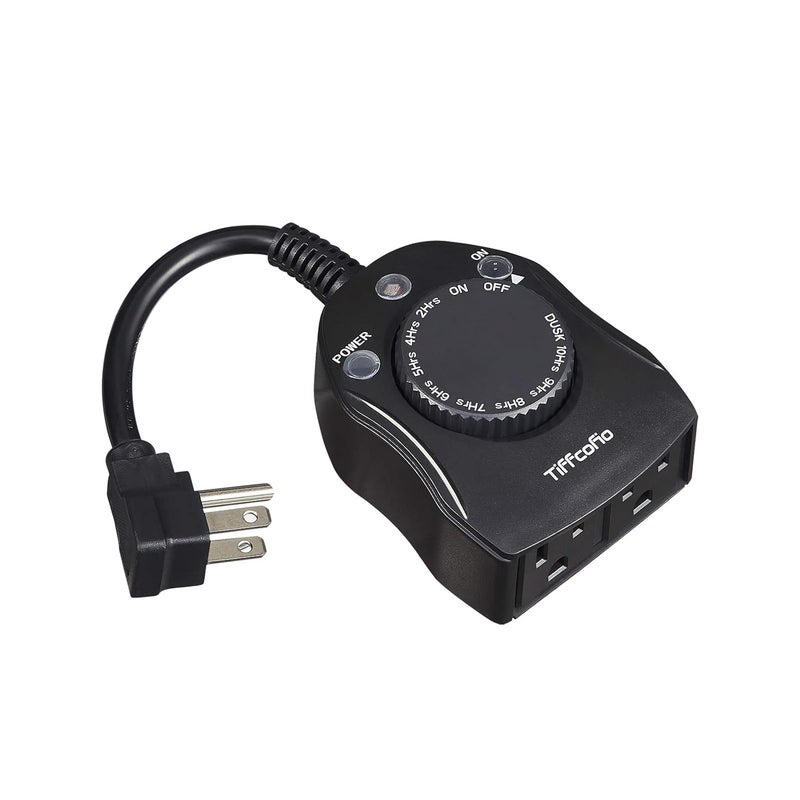 Tiffcofio Outdoor Timer Outlet, Dusk to Dawn Light Sensor Timer Weatherproof, 2 Grounded Outlets for Halloween and Christmas Lights, 15A 1/2HP, ETL Listed - Image 1