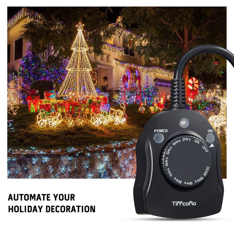 Tiffcofio Outdoor Timer Outlet, Dusk to Dawn Light Sensor Timer Weatherproof, 2 Grounded Outlets for Halloween and Christmas Lights, 15A 1/2HP, ETL Listed - Image 3