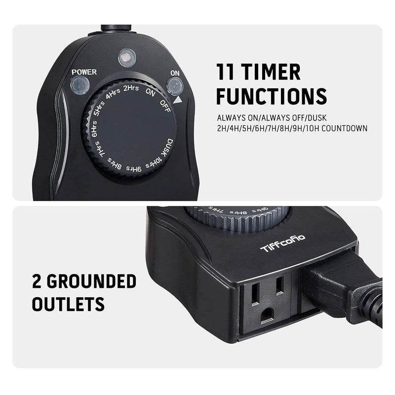 Tiffcofio Outdoor Timer Outlet, Dusk to Dawn Light Sensor Timer Weatherproof, 2 Grounded Outlets for Halloween and Christmas Lights, 15A 1/2HP, ETL Listed - Image 2