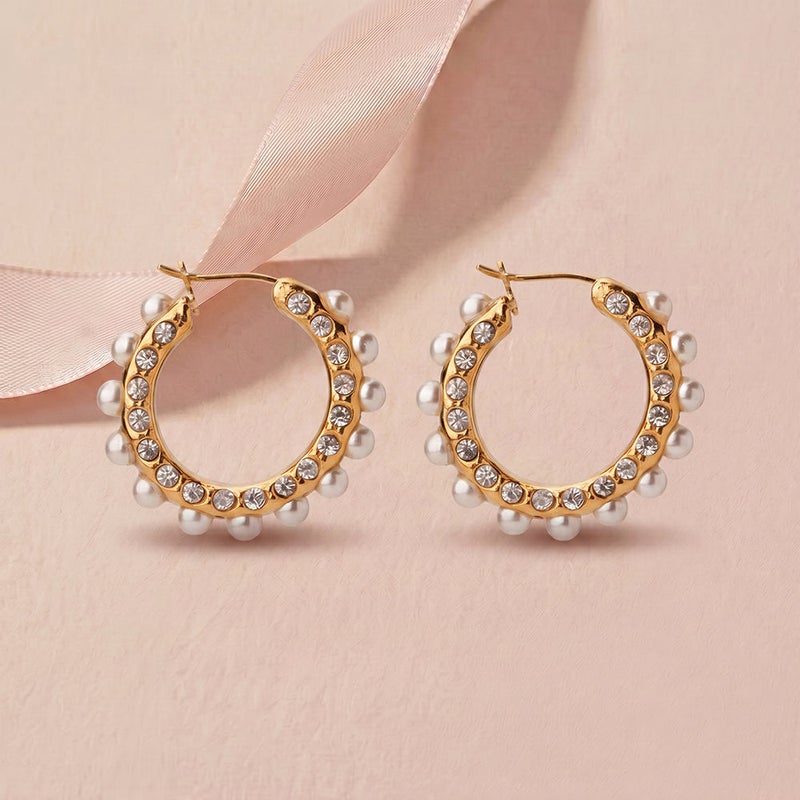 PALMONAS Chic Pearl Studded Stud Earrings for Women | 18K Gold Plated, Waterproof & Anti-Tarnish - Image 2