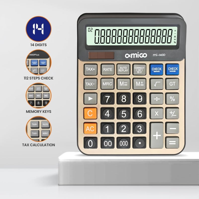 Amigo MI-140D Desktop Engineering Calculator, Large 14-Digit Display, Dual Power, Tax and Business Functions, Gray - Image 2
