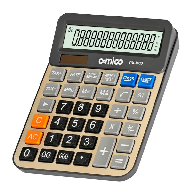 Amigo MI-140D Desktop Engineering Calculator, Large 14-Digit Display, Dual Power, Tax and Business Functions, Gray - Image 1