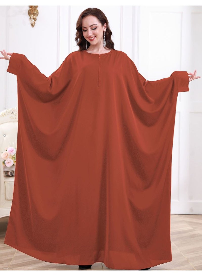 Loquat Women's Casual Solid Color Long Sleeves Abaya Full Length Batwing Sleeves Dress Liturgical Clothes Muslim Orange 
