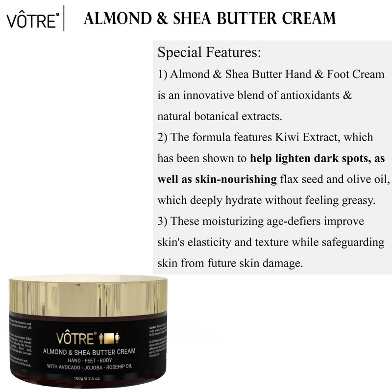 Votre VOTRE Almond  Shea Butter Hand Feet and Body Cream 100 gm Vegan Certified 100 Natural  Foot Cream For Rough Dry and Cracked Heel  Feet Cream For Heel Repair - Image 3