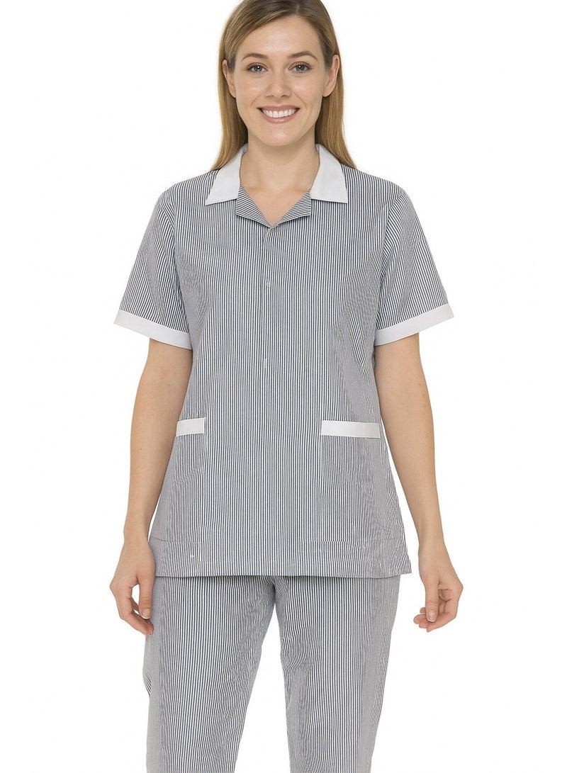 رناز يونيفورم طقم زي خادمة منزلية مخطط للسيدات - بلوزة بأكمام قصيرة وسروال متناسق، ملابس عمل خفيفة الوزن للمساعدين المنزليين وموظفي التنظيف ومقدمي الرعاية - Image 1