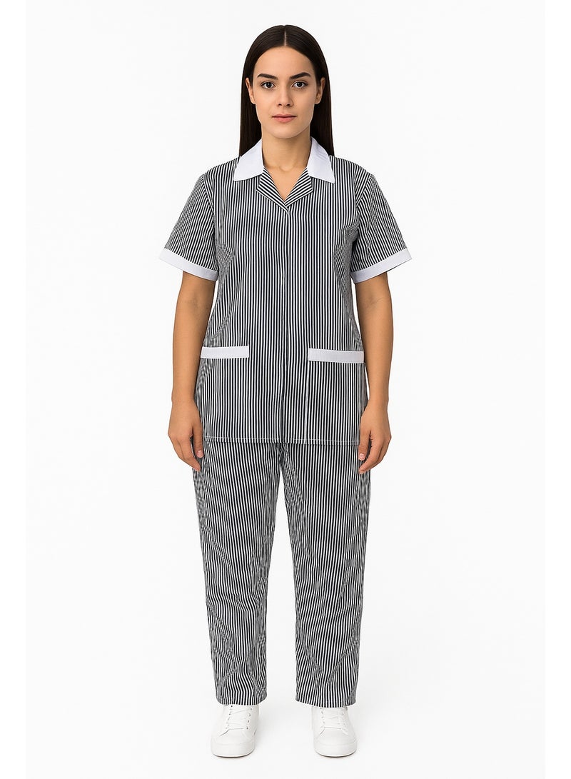 رناز يونيفورم طقم زي خادمة منزلية مخطط للسيدات - بلوزة بأكمام قصيرة وسروال متناسق، ملابس عمل خفيفة الوزن للمساعدين المنزليين وموظفي التنظيف ومقدمي الرعاية - Image 2
