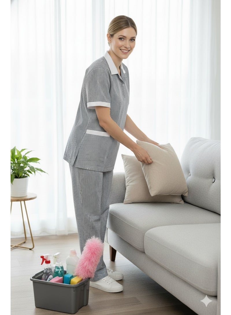 رناز يونيفورم طقم زي خادمة منزلية مخطط للسيدات - بلوزة بأكمام قصيرة وسروال متناسق، ملابس عمل خفيفة الوزن للمساعدين المنزليين وموظفي التنظيف ومقدمي الرعاية - Image 3