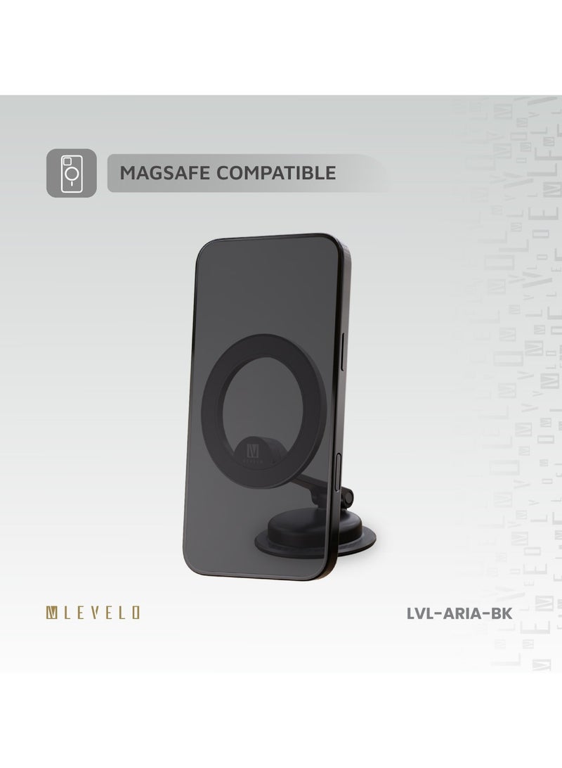 LEVELO Aria MagSafe Car Phone Holder with Rotatable Base & Traceless Back Glue / 1260° Multi-Angle Adjustment / Compact & Travel Friendly / Built-in 34 N52 Magnets / Zinc Alloy + PC Material / Heat-Resilient Adhesive - Black - Image 4