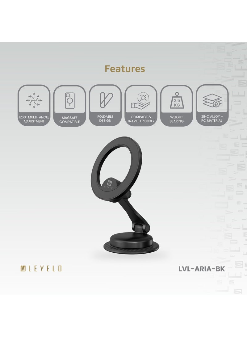 LEVELO Aria MagSafe Car Phone Holder with Rotatable Base & Traceless Back Glue / 1260° Multi-Angle Adjustment / Compact & Travel Friendly / Built-in 34 N52 Magnets / Zinc Alloy + PC Material / Heat-Resilient Adhesive - Black - Image 2