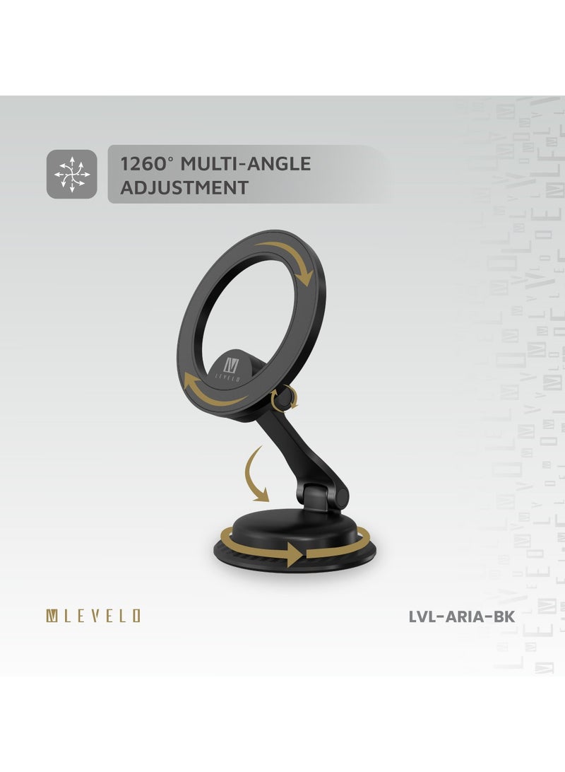 LEVELO Aria MagSafe Car Phone Holder with Rotatable Base & Traceless Back Glue / 1260° Multi-Angle Adjustment / Compact & Travel Friendly / Built-in 34 N52 Magnets / Zinc Alloy + PC Material / Heat-Resilient Adhesive - Black - Image 3