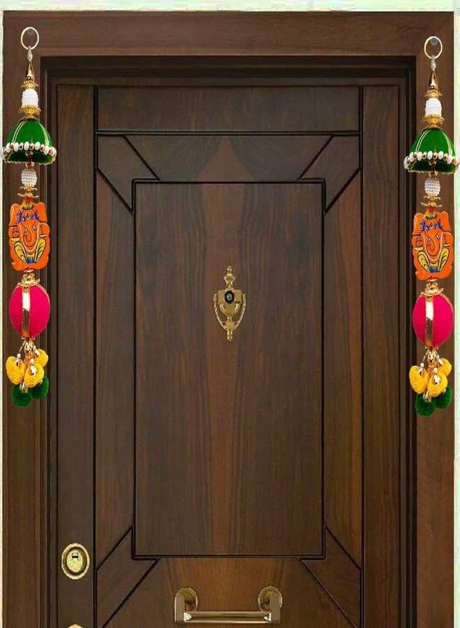 Ascension Wood Ganesh ji Pom Pom Side Door Toran Bandarwal Traditional Art Handmade Hangings (Multicolour) - Image 1