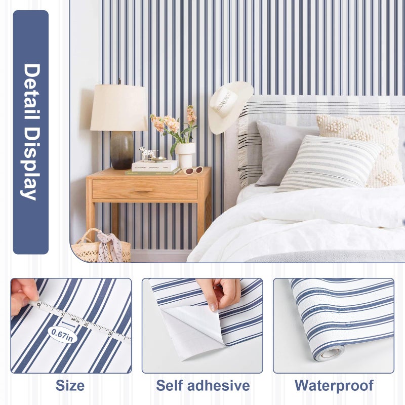 Sevalo Striped Peel and Stick Wallpaper Blue and White Striped Contact Paper for Cabinets Navy Blue Stripes Self-Adhesive Removable Wallpaper Modern Bedroom Bathroom Accent Wall Decor 17.3inW 78.7inL - Image 3