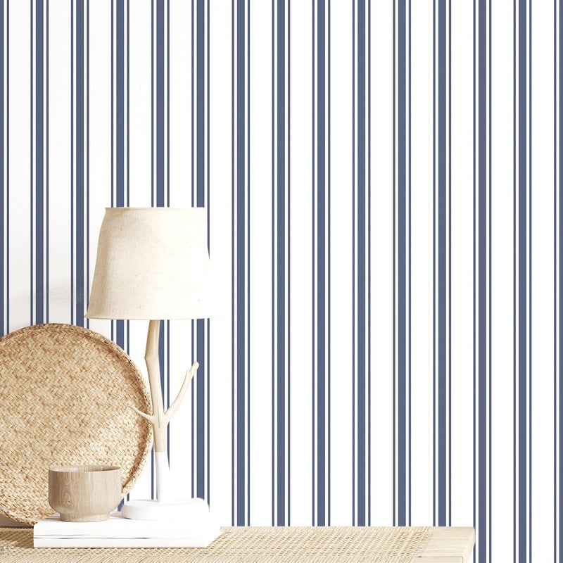 Sevalo Striped Peel and Stick Wallpaper Blue and White Striped Contact Paper for Cabinets Navy Blue Stripes Self-Adhesive Removable Wallpaper Modern Bedroom Bathroom Accent Wall Decor 17.3inW 78.7inL - Image 1