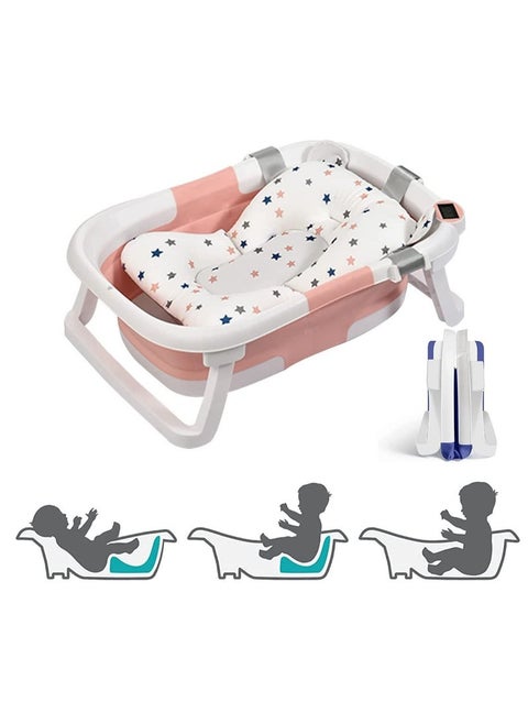 Baby Folding Bathtub, Portable Collapsible Toddler Bath Tub With Baby Cushion Temperature Sensor Drain Hole and Bath, Sitting Lying Large Safe Bathtub