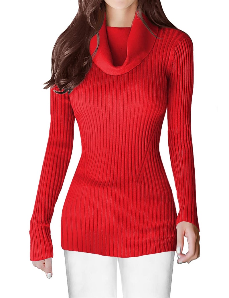 v28 Sweaters for Women Long Sleeve Soft Knitted Ribbed Cowl Neck Fitted Bodycon Sexy Pullover(M, Red) - Image 1