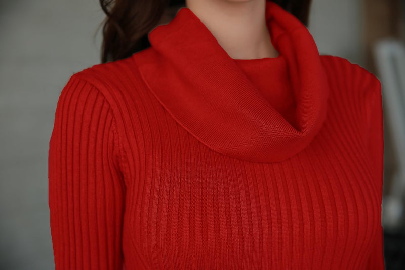 v28 Sweaters for Women Long Sleeve Soft Knitted Ribbed Cowl Neck Fitted Bodycon Sexy Pullover(M, Red) - Image 5