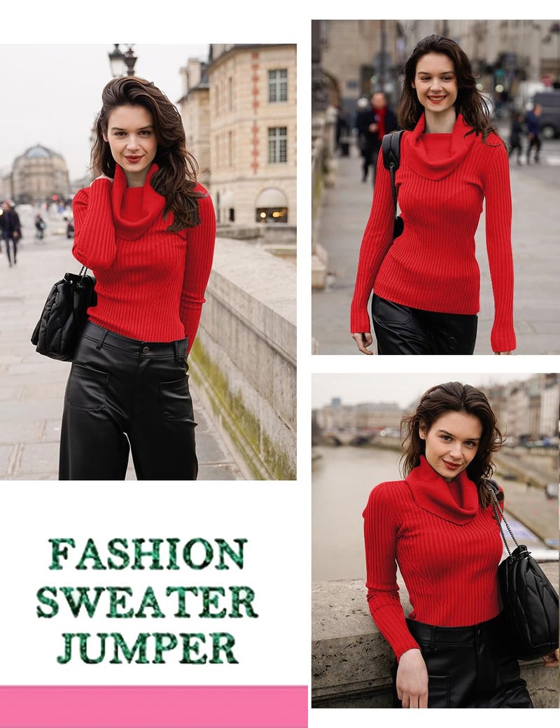 v28 Sweaters for Women Long Sleeve Soft Knitted Ribbed Cowl Neck Fitted Bodycon Sexy Pullover(M, Red) - Image 4