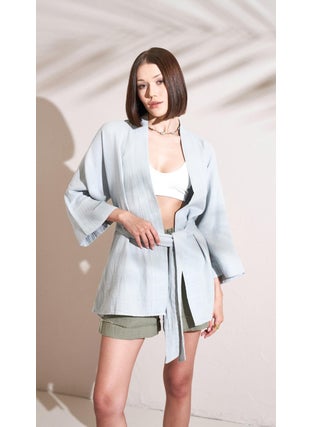 Tena Women's Gray Muslin Fabric Belted Kimono  - Image 2