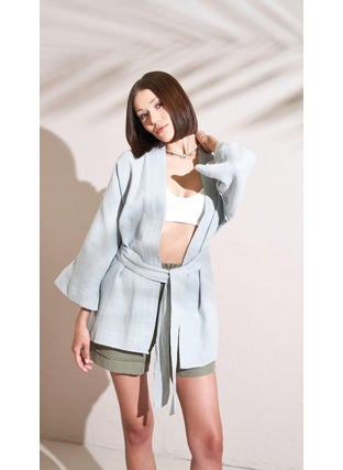 Tena Women's Gray Muslin Fabric Belted Kimono  - Image 3