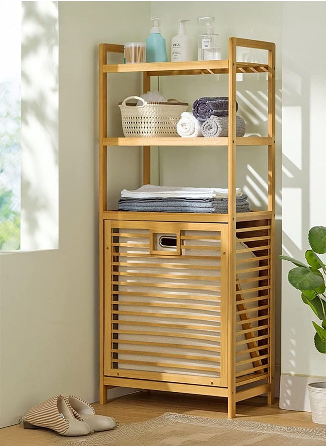 LEDIN - Bamboo Tilt-Out Laundry Hamper Cabinet, Bathroom Storage Cabinet with Basket, Shelves and Handles for Clothes, Bedroom - Image 1
