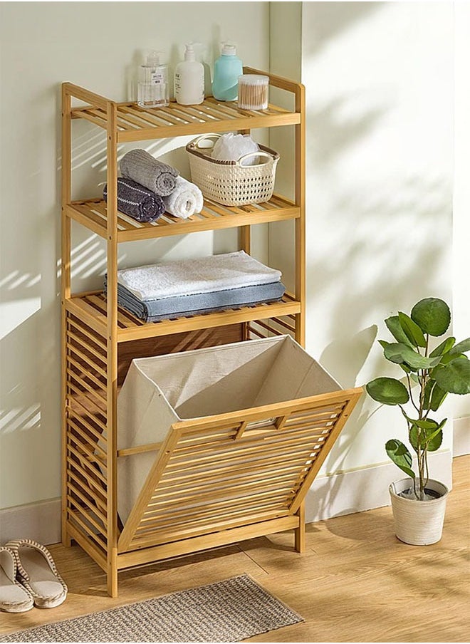 LEDIN - Bamboo Tilt-Out Laundry Hamper Cabinet, Bathroom Storage Cabinet with Basket, Shelves and Handles for Clothes, Bedroom - Image 1