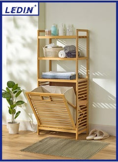 Bamboo Tilt-Out Laundry Hamper Cabinet, Bathroom Storage Cabinet with Basket, Shelves and Handles for Clothes, Bedroom