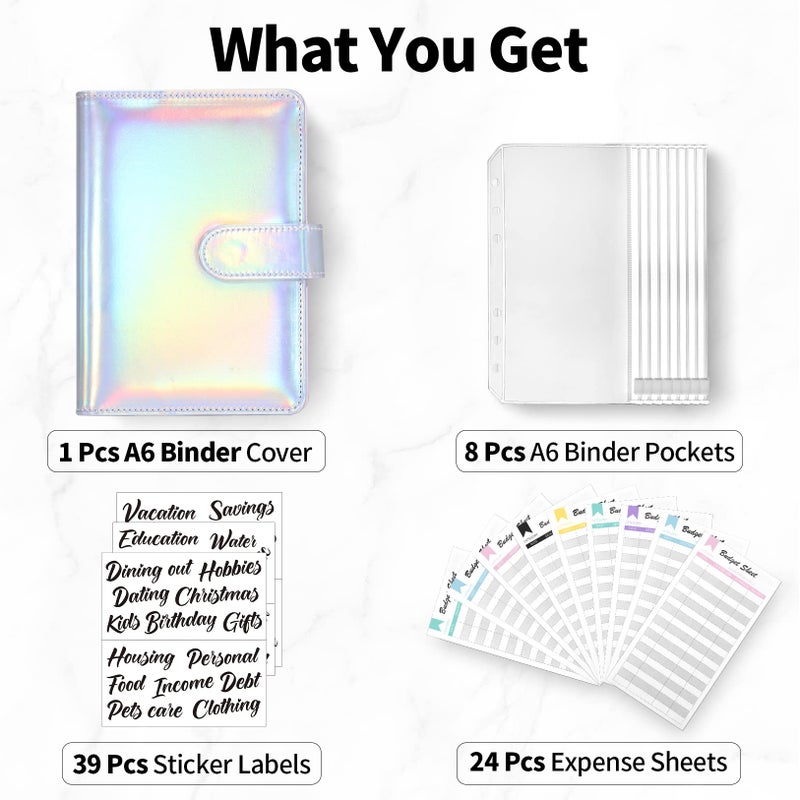 Sooez Laser Silver Money Organizer for Cash, A6 Budget Binder with Cash Envelopes, 39 Black Bold Sticky Labels & 24 Colorful Budget Sheets, Money Saving Binder for Budgeting - Image 2