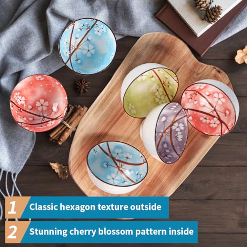 Sanbege Ceramic Rice Bowls 10 oz, Sakura Bowl Gift Set, Assorted Color Dinnerware Serving Bowls for Rice, Cereal, Noodle, Soup, Desserts, Pack of 6 (Cherry Blossom) - Image 4