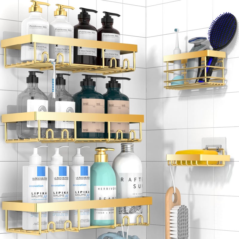 Moforoco Gold 5 Pack Shower Caddy Shelf Organizers Rack  Self Adhesive Black Bathroom Storage Organization  Home Kitchen No Drilling Inside Decor Rv Accessories  First Apartment Essentials - Image 1