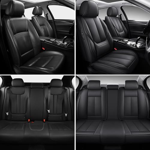 MINGBRON Black Car Seat Cover with Lumbar Support, Car Seat Protector Waterproof, Nappa Leather Car Seat Cushion, Car Seat Covers Front Seats and Back Fit for Most Cars - Image 2