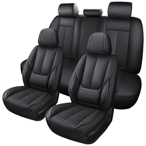 MINGBRON Black Car Seat Cover with Lumbar Support, Car Seat Protector Waterproof, Nappa Leather Car Seat Cushion, Car Seat Covers Front Seats and Back Fit for Most Cars - Image 1