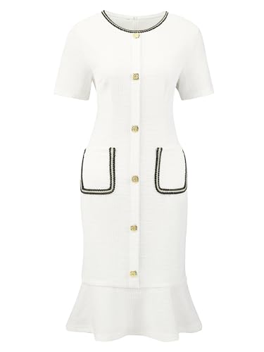 Hobemty Women's Tweed Dress Short Sleeve Elegant Wedding Cocktail Bodycon Fishtail Dresses Small White - Image 1