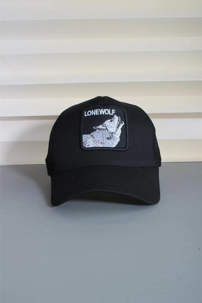 كابيلو Black Sports Animal Figure Wolf Hat Unisex Adjustable Back Hat 24SAPKAKU