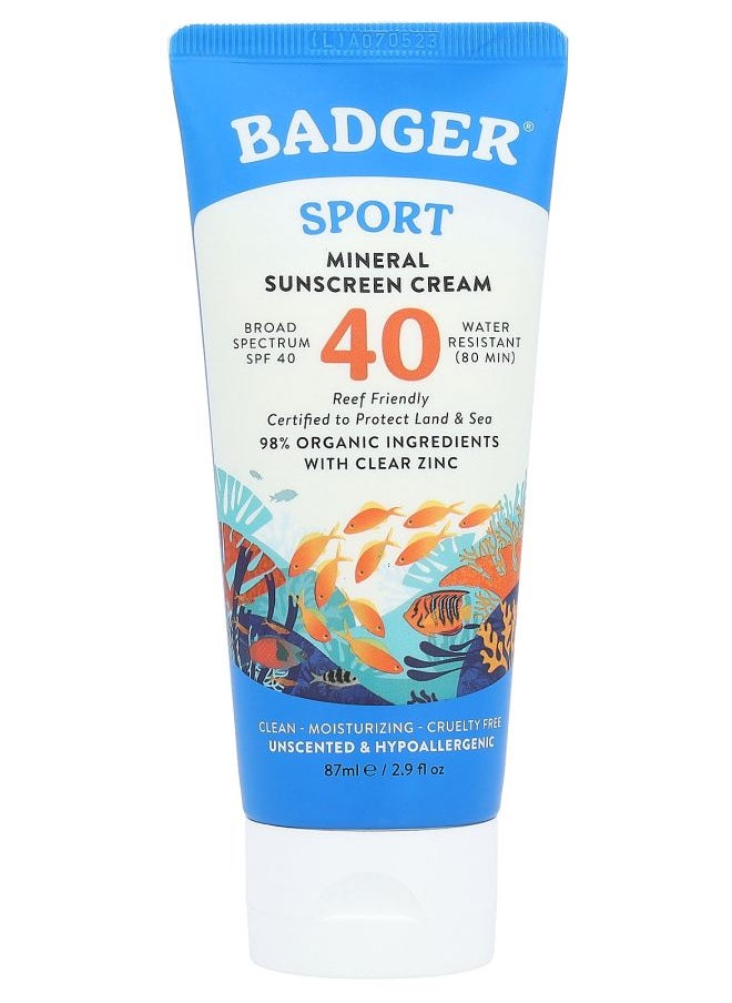 Badger Sport Mineral Sunscreen Cream SPF 40 Unscented 2.9 fl oz (87 ml) 