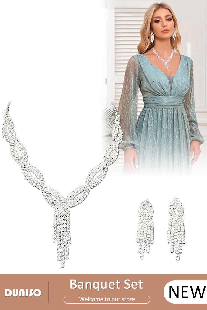 DUNISO 2Piece Necklace and Earrings Set Full Diamond V Neck Necklace Crystal Earrings Wedding Bridal Bridesmaid Costume Jewelry Set for Women and Girls Dress Accessories  - Image 1