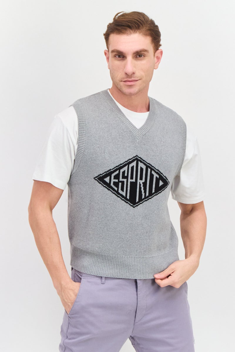 ESPRIT Men V-Neck Sleeveless Textured Sweater Vest, Grey - Image 1