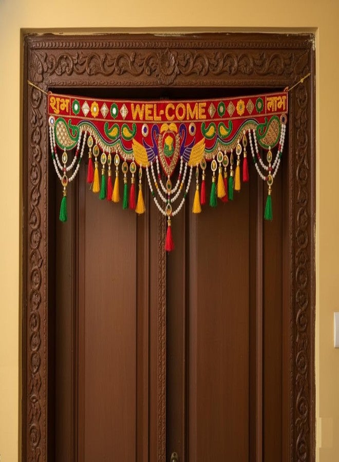 PREETENCY: - توران طاووس للباب / تطريز / تصميم تقليدي أنيق / مزين باللؤلؤ / تصميمات بوم بوم صوفية لباب المدخل الرئيسي / تورانام / باندروال للزينة ..[3-FITS] - Image 1