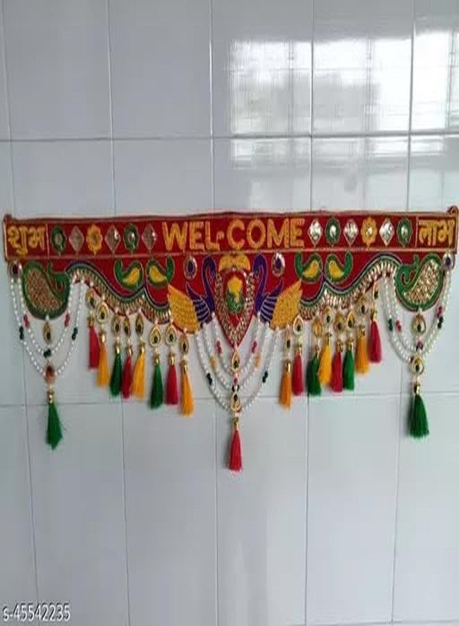 PREETENCY: - توران طاووس للباب / تطريز / تصميم تقليدي أنيق / مزين باللؤلؤ / تصميمات بوم بوم صوفية لباب المدخل الرئيسي / تورانام / باندروال للزينة ..[3-FITS] - Image 2