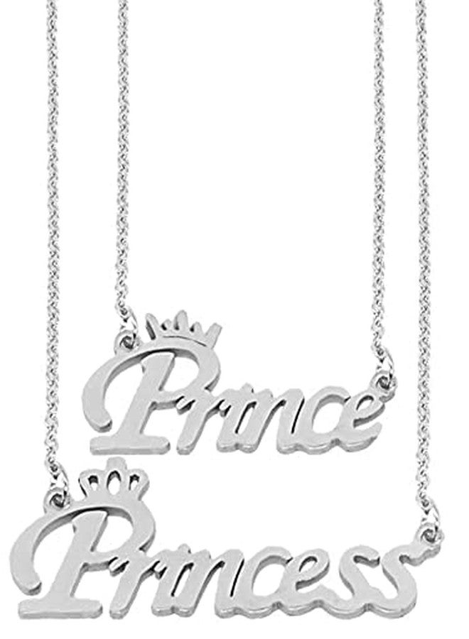 AJS Silver Valentine's Day Special Metal Stainless Steel Prince And Princess Name Letter Romantic Love Couple Locket Pendant Necklace With Chain For Boy's And Girl's (Set of 2 Pieces) - Image 1