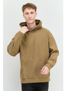 Men Hooded Rib Long Sleeves Sweatshirt, Tan