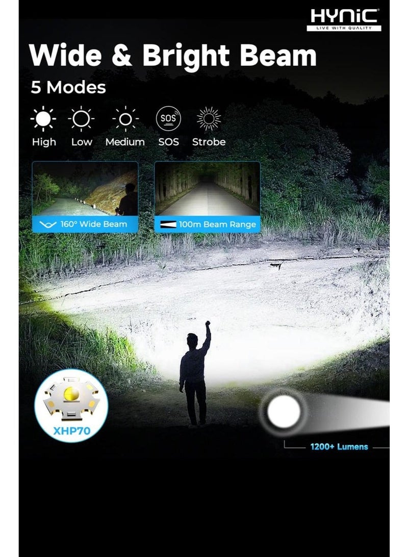 هاينك مصباح LED فائق السطوع – 1200 لومن XHP70 مصباح تكتيكي قابل للتقريب مع بطارية قابلة لإعادة الشحن بسعة 8800 مللي أمبير - Image 5