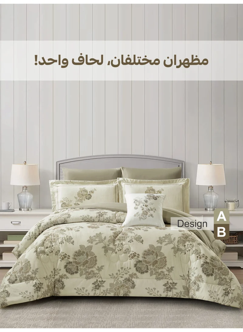 Donetella Bedding Comforter Set, King Size Fits 200x200 cm - 7-Pcs Digital Print Quilted Bed Set, Microfiber Fabric - 1 Comforter, 1 Fitted Sheet, 2 Pillow Shams, 2 Pillowcases 1 Cushion Cover.