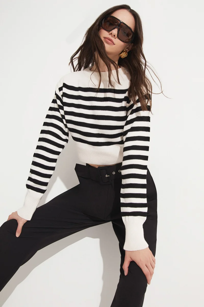 جون Women's Regular Fit Crew Neck Striped Knitwear Crop Sweater