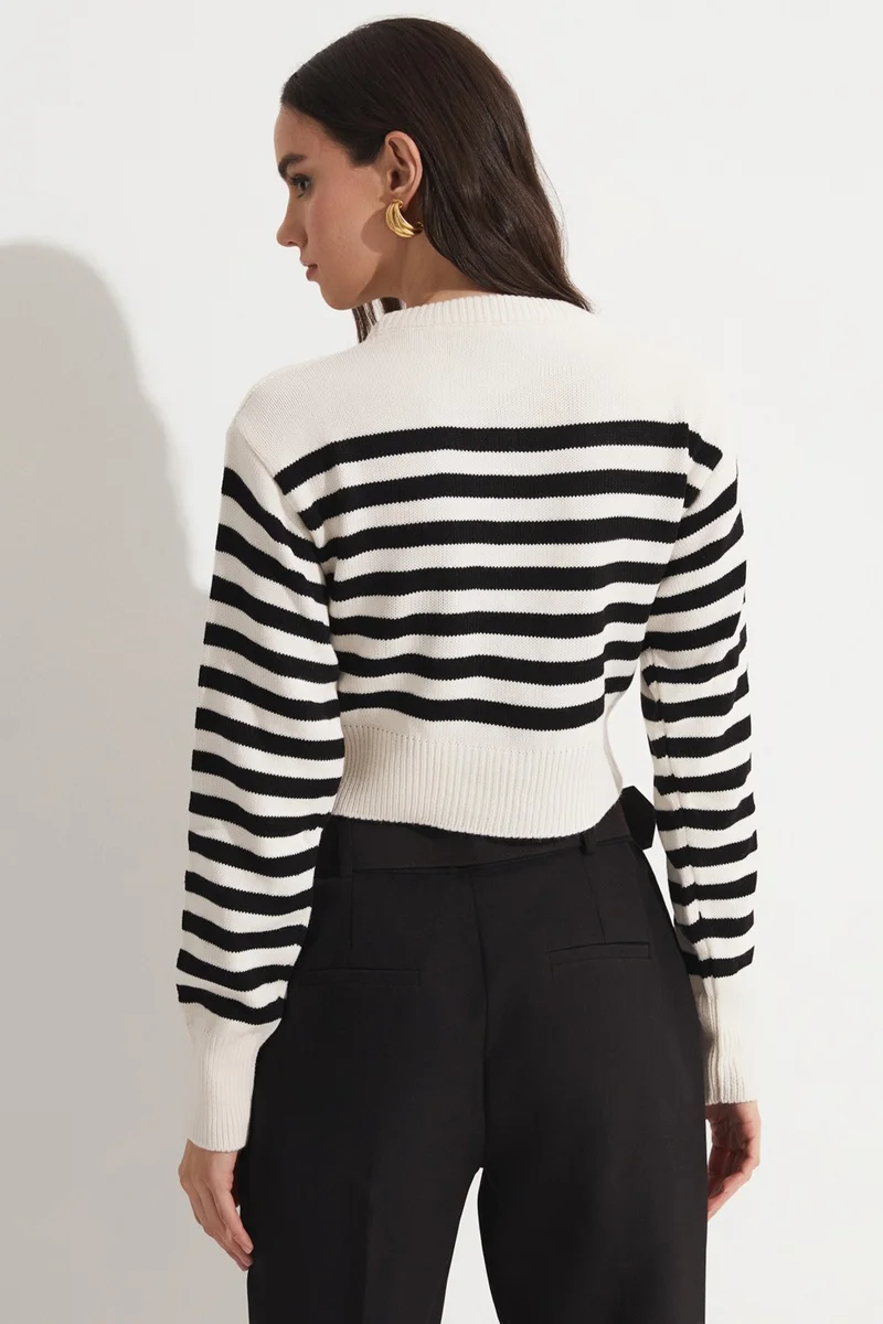 جون Women's Regular Fit Crew Neck Striped Knitwear Crop Sweater