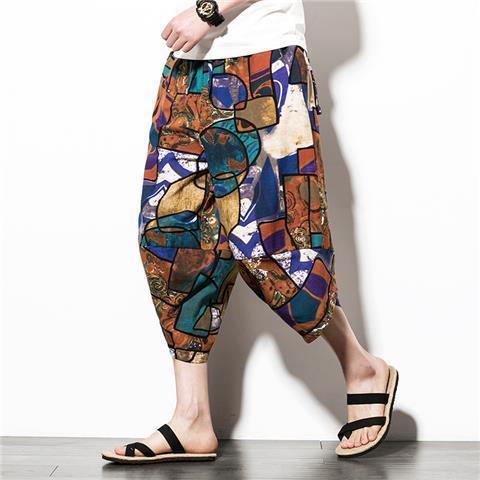 Chinese Style Mens Casual Cotton Linen Capris Dark brown k29-5 