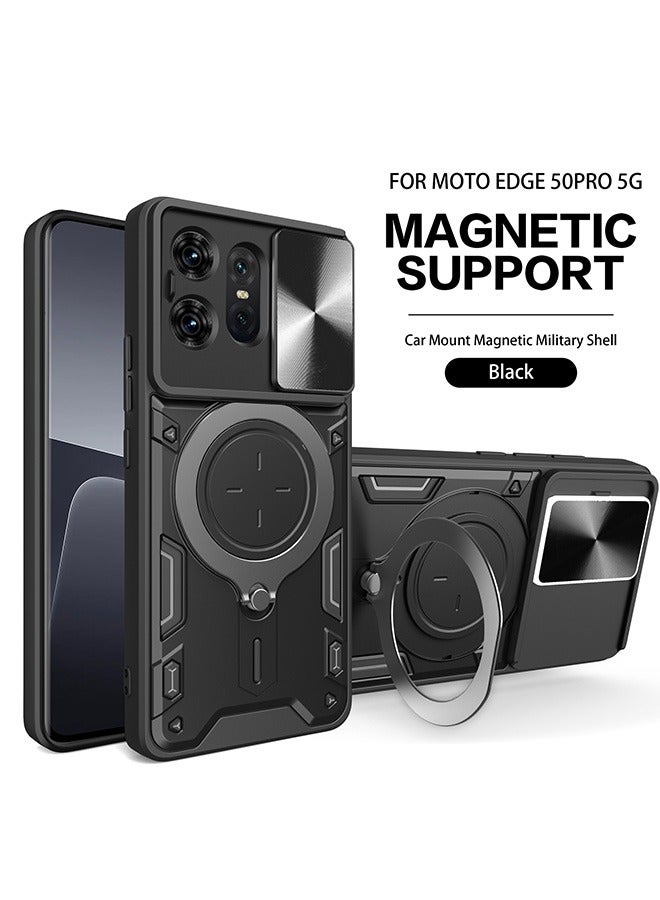 Case For Motorola Edge 50 Pro 5G with Slide Camera Cover and Stand Kickstand Magnetic Ring, High Quality Shockproof Protective Cover, Anti-Fall Drop Protection,Shockproof Case, Black  - Image 1
